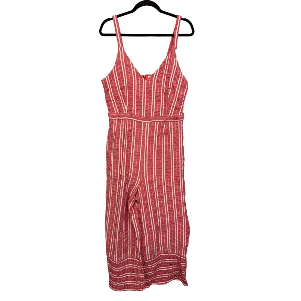 Ett Twa Anthropologie Robin Jumpsuit Womens L Red White Striped Cropped Wide Leg